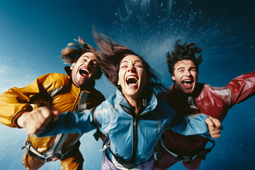 Exhilarating capture of three joyous skydivers, mid-leap in a wind tunnel with vibrant sky blue...