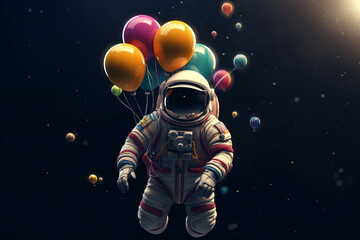 Astronaut floating on balloons and holding colorful balloons. Mixed media