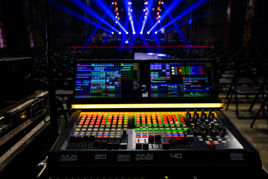 Lviv, Ukraine - July 30, 2023: Lighting technician equipment in concert hall. Akai Professional Ableton controller