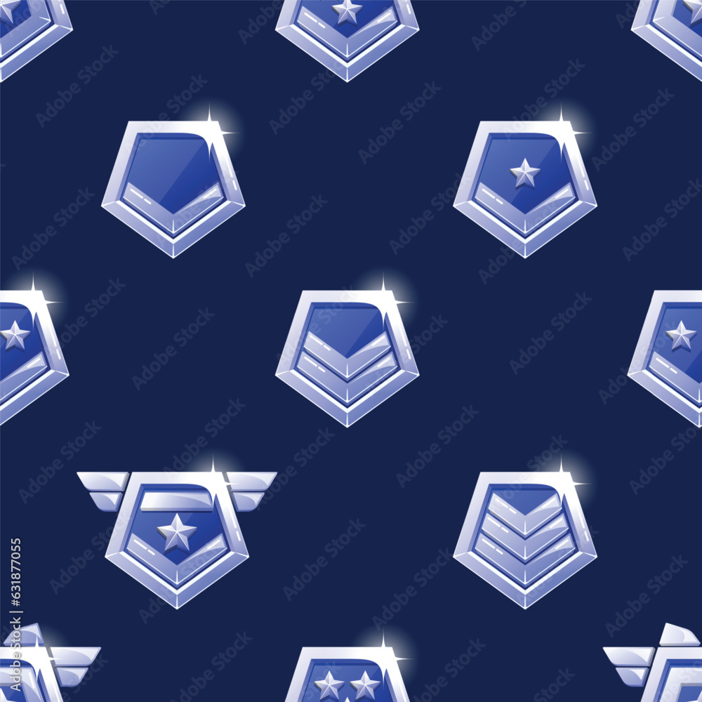 Poster seamless pattern with rank badges features uniform insignias scattered across a design, creating a c