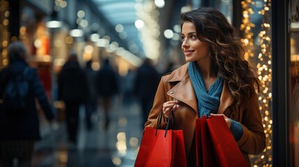 Happy Brunette Woman with shopping bags in the mall looking at the shop window. Holiday shopping