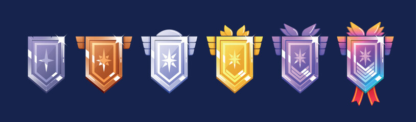 Game Achievement Badges, Metallic Level Ui Icons, Iron, Bronze, Silver Or Steel, Gold, And Platinum Banners With Wings - obrazy, fototapety, plakaty