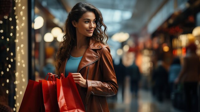 Brunette Woman with shopping bags in the mall looking at the shop window. Holiday shopping