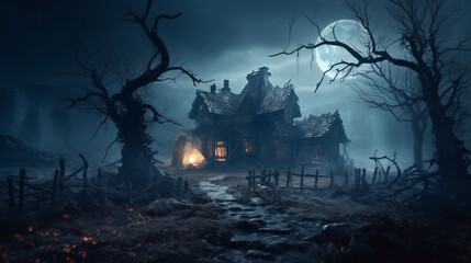 Old haunted scary abandoned house in a mysterious horror forest at full moon night. Generative AI