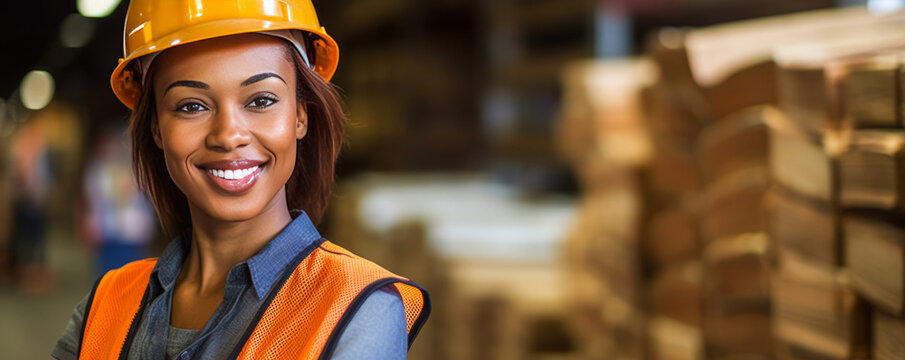 Empowered woman forklift operator in safety gear, confident pose with empty space, vibrant warehouse scene blurred in the background. Generative AI