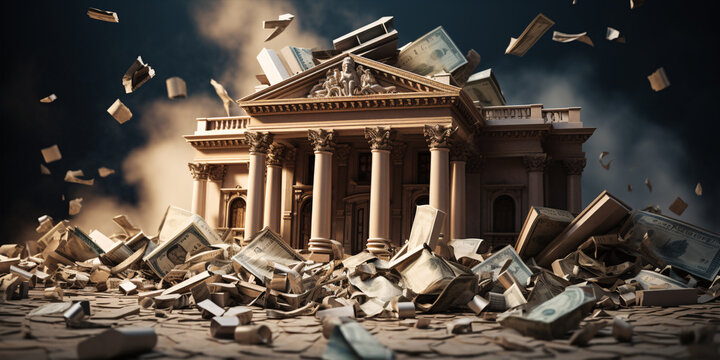 Bank building collapsing metaphor. Bankruptcy bank. Collapse financial organization. Banking crisis. Loss of money by bank depositors after bankruptcy.