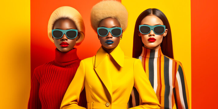 Vibrant symmetry of three stylish women striking model poses in identical outfits, against a high-fashion monochromatic background. Generative AI