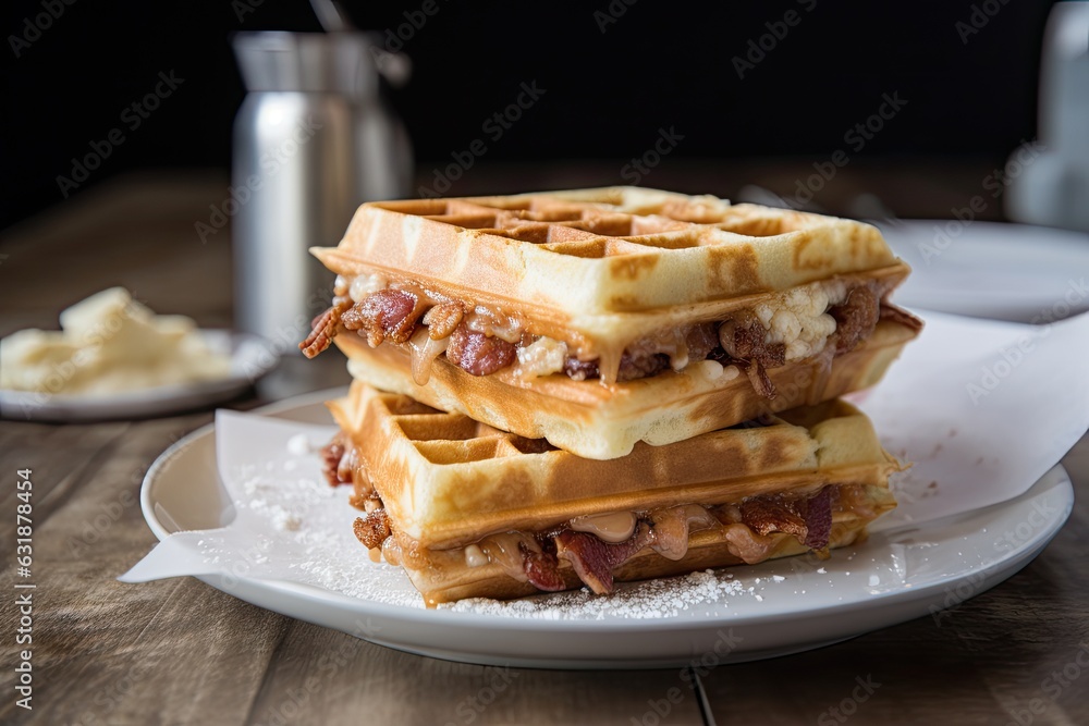 Poster a stack of waffles and bacon with maple syrup on a white plate.
