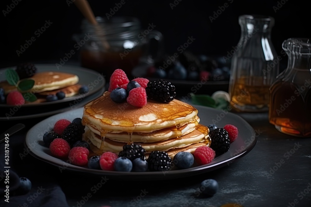 Poster pancakes with berries and maple syrup on a dark plate in a rustic setting.