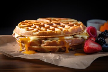 Two waffles with caramel sauce and fresh berries on a wooden table.
