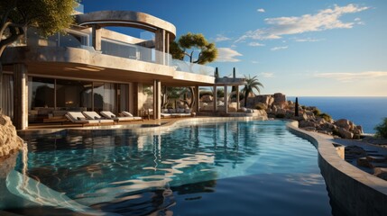 Escape to a Tranquil Oasis: Luxurious Poolside Retreat amidst Palm Trees, Beachfront Bliss in a Tropical Summer Paradise, generative AI