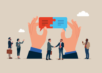 Communication success. Business team connect speech bubble puzzle. Vector illustration.