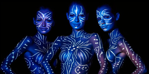 Mystical display of three young women adorned with UV body paint, capturing the essence of constellations on human form in a black light reactive atmosphere. Generative AI