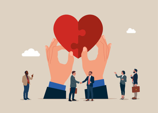 Business team connects the heart puzzle. Cooperation. Flat vector illustration