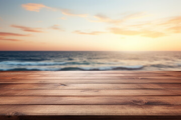 Fototapeta na wymiar Seaside Serenity: Beautify Your Space with a Blurred Wooden Table and Ocean Backdrop