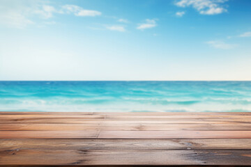 Fototapeta na wymiar Aesthetic Commission: Serene Wooden Table with a Blissful Ocean View