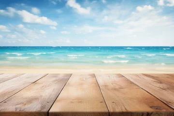 Tuinposter Nature's Harmony: Commissioned Artwork Depicting a Dreamy Ocean Landscape on a Background Wooden Table © Сергій Андріюк