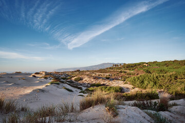 Sintra-Cascais natural park. Wild sandy landscape, with part of Cresmina Dunes. Beautiful scenery in Portugal.
