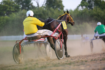 Horses and riders running at horse races
