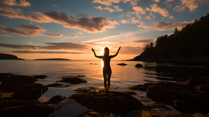 Fototapeta na wymiar A person doing yoga on the beach at sunrise, connecting with nature and their own body. This scene highlights the harmony between self-care and the environment