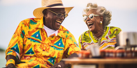 Joyful elderly duo in tropical attire, setting vibrant beach picnic, Florida coast in soft focus backdrop. Generative AI