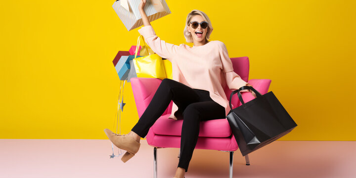 Elated and jubilant, a shopping enthusiast woman sits on an armchair, surrounded by numerous shopping bags.