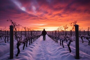 Fototapeta premium Under a golden sunset, a lone figure stands in a vineyard blanketed by snow, offering a wide-angle view of winter's serene embrace.