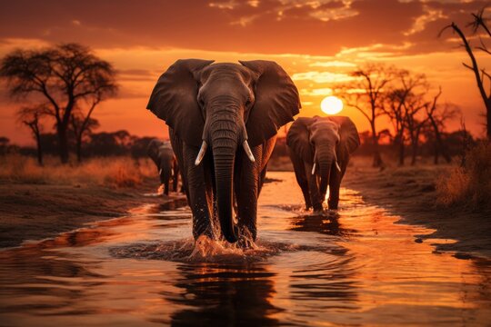 At sunrise, elephants congregate gracefully around a watering hole, silhouetted against the breathtaking canvas of the awakening savannah.