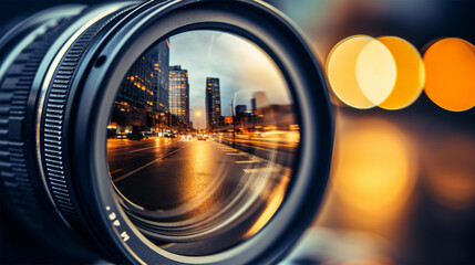 close-up of a photographer's camera lens reflecting - obrazy, fototapety, plakaty