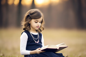 Fototapeta na wymiar Cute girl reading bible book outdoors.