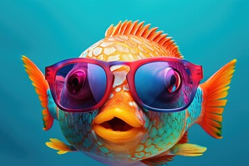 Portrait of smiling happy fish wearing fashionable sunglasses , Hawaiian style and looking at camera on monochrome background. Funny, cute photo of animal looks like a human on trend poster. Zoo club 