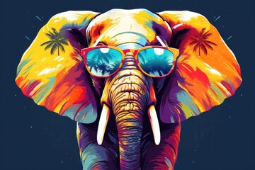 Portrait of big Elephant in Paint wearing fashionable sunglasses , Indian patterns on monochrome background. Funny, cute photo of animal looks like a human on trend poster. Holi festival 