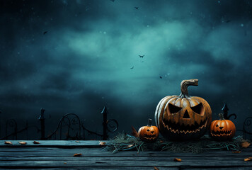 Halloween wallpaper with copy-space | Blue background with an orange pumpkin and copyspace | Dark scary horror wallpaper for Halloween festival