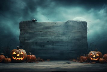 Halloween wallpaper with a blank wooden board, pumpkins and copy-space | Blue dark night background with an orange pumpkin and copyspace | Dark scary horror wallpaper for Halloween festival