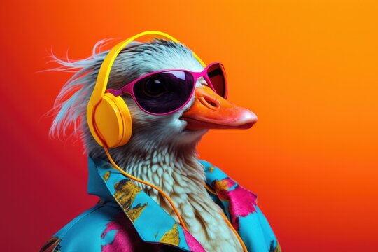 Portrait of stylish happy bird wearing fashionable sunglasses , Hawaiian shirt and headphones on monochrome background. Funny, cute photo of animal looks like a human on trend poster. Zoo club 