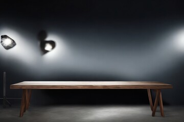 Empty 3D wooden table, grey-black background with a cinematic spotlight. Product commercial display.