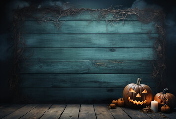 Halloween wallpaper with a blank wooden board, pumpkins and copy-space | Blue dark night background with an orange pumpkin and copyspace | Dark scary horror wallpaper for Halloween festival