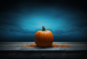Halloween wallpaper with copy-space | Blue background with an orange pumpkin and copyspace | Dark scary horror wallpaper for Halloween festival