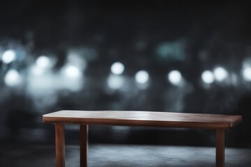 Empty 3D wooden table, blurry night market background with a cinematic spotlight. Product commercial display.