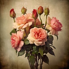 Bouquet of roses in a vase on a vintage background