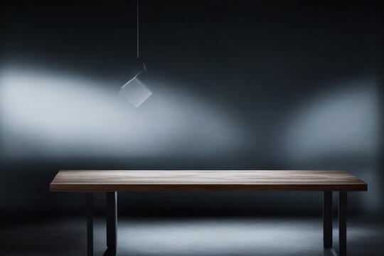 Empty 3D wooden table, grey-black background with a cinematic spotlight. Product commercial display.