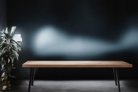 Empty 3D wooden table, grey-black background with a cinematic spotlight. Product commercial display.