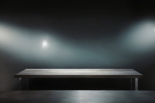Empty 3D metal table, grey-black background with a cinematic spotlight. Product commercial display.