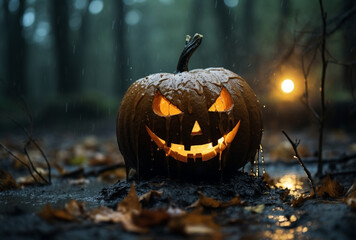 Hyper realistic lit pumpkin with a scary smile sitting on a ground in a scary forest on Halloween at rainy night | Pumpkin during the rain in a forest | Horror night Halloween