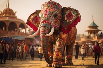 Decorated Indian elephant in the temple, colourful elephant - obrazy, fototapety, plakaty