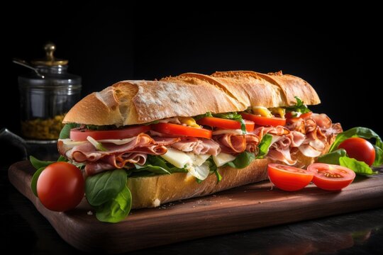 A sub sandwich with ham, cheese, lettuce, and tomatoes on a wooden cutting board.