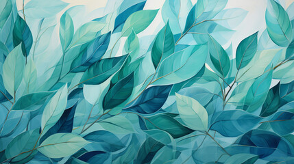 A backdrop of vibrant emerald leaves dancing against a serene azure canvas, symbolizing the rejuvenating embrace of spring's verdant foliage in harmony with nature's delicate balan Generative AI