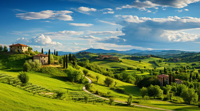 Picturesque rural Italian landscape; Scenic vistas of Tuscany, Italy. Generative AI