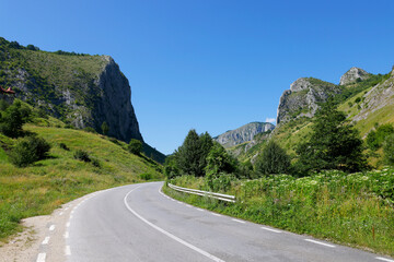 Summer landscape of Valisoarei Gorges, a geo-morphological and botanical nature reserve located in eastern Trascau Mountains, Alba County, Romania, Europe	

