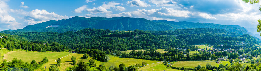 A panorama view over the countryside around the town of Radovljica, Slovenia in summertime